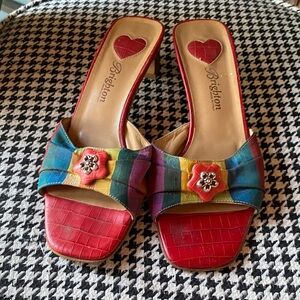 Brighton Women's Red and Multicolor Kitten Heel Sandals
